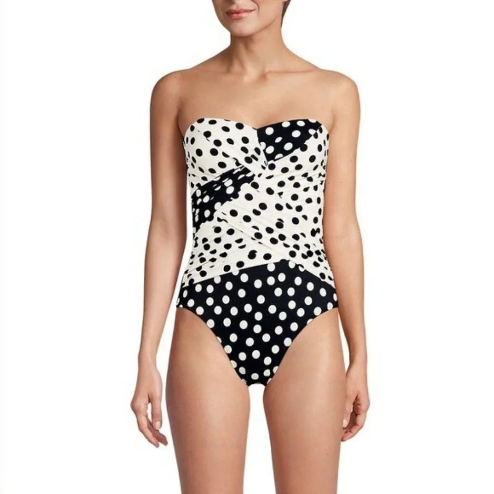 LANDS END SlenderSuit Wrap Bandeau One Piece Polka Dot Strapless Swimsuit